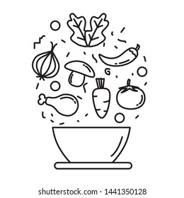 Food ingredients mixing on a bowl vector illustration with simple line design 