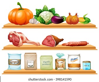 Food And Ingredients On The Shelf Illustration