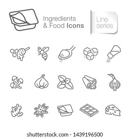 Food & ingredients related icons. sugar, salt, herbal, cheese.