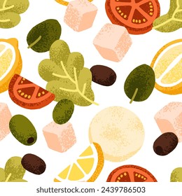 Food ingredients, seamless pattern. Vegetable Greek salad, endless background. Lettuce, olives, feta cheese, tomato and lemon, repeating print design. Colored flat graphic vector illustration