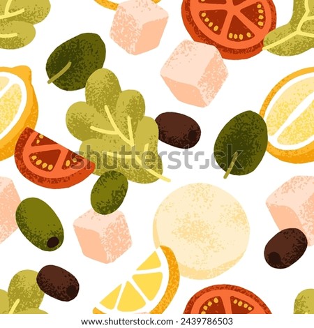 Food ingredients, seamless pattern. Vegetable Greek salad, endless background. Lettuce, olives, feta cheese, tomato and lemon, repeating print design. Colored flat graphic vector illustration