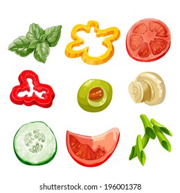 Food ingredients Series 2 - bell pepper, olive, basil, marinated mushrooms, cucumber, tomato, green onion. Isolated on white background