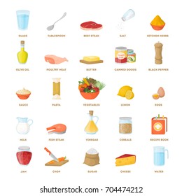 Food ingredients set as vegetables, jam, milk and more.