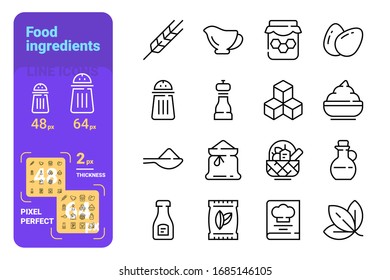 Food ingredients and tableware line icons set vector illustration. Collection consists of sugar, eggs, flour, salt and pepper shaker flat style design