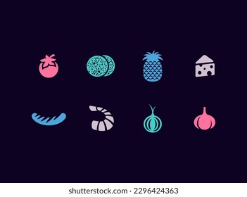Conjunto de iconos vectoriales de ingredientes alimentarios. Pizza pone los iconos en la parte superior.