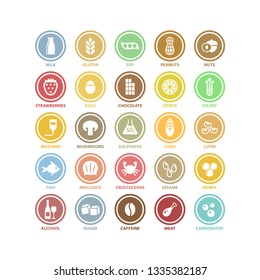 Food ingredients vector white circle signs in colorful labels. Food ingredient products symbols sticker label set.