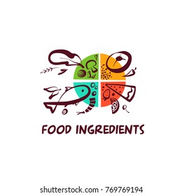 Food ingridients. Sketch vector template logo isolated on white background. Concept image for menu cafe, restaurant, bar with eco farm product.