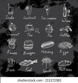 food and inscriptions. set of vector sketches