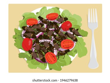 Food Insects: Crickets insect deep-fried crispy for eating as food items on plate with salad vegetable and fork, it is good source of protein edible for future. Entomophagy concept.