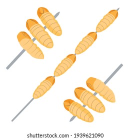Food Insects: Silkworm Pupa insect deep-fried crispy for eating as ready meal food items on skewer, it is good source of protein edible for future. Entomophagy concept.
