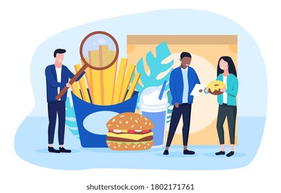 Food inspector doing quality control of fast food or takeaways using a magnifying glass to inspect French fries and burger, colored vector illustration