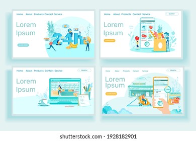 Food Internet Store Sale Landing Page Template Set. Online Grocery Market Order, Express Delivery Service. Modern E Commerce Web Banner Vector Layouts. Fruit in Bag Cartoon Illustration