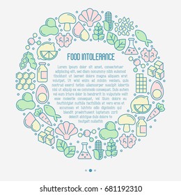 Food intolerance concept in circle with thin line icons of common allergens (gluten, lactose, soy, corn and more), sugar and trans fat, vegetarian and organic symbols. Vector illustration.