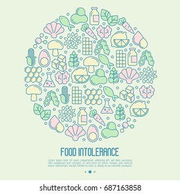 Food intolerance concept in circle with thin line icons of common allergens, sugar and trans fat, vegetarian and organic symbols. Vector illustration.