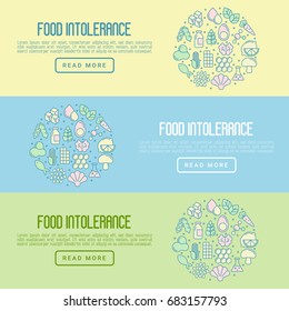 Food intolerance concept with thin line icons of common allergens (gluten, lactose, soy, corn and more), sugar and trans fat, vegetarian and organic symbols. Vector illustration.