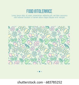 Food intolerance concept with thin line icons of common allergens, sugar and trans fat, vegetarian and organic symbols. Vector illustration.