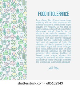 Food intolerance concept with thin line icons of common allergens, sugar and trans fat, vegetarian and organic symbols. Vector illustration.