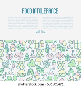 Food intolerance concept with thin line icons of common allergens, sugar and trans fat, vegetarian and organic symbols. Vector illustration.