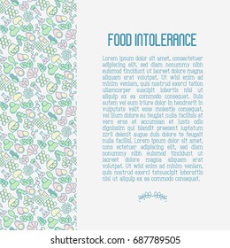 Food intolerance concept with thin line icons of common allergens, sugar and trans fat, vegetarian and organic symbols. Vector illustration.