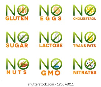 Food intolerance icons, health care diets such as no gluten, no sugar, no nuts, no GMO, no nitrates, no trans fats, no cholesterol, no eggs, no lactose. Isolated on white background.