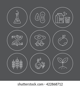 Food intolerance icons, including gluten, seafood, lactose, soy, gmo, eggs, nuts. Food allergens. Line style vector collection. 