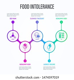 Food intolerance infographics in circles with thin line icons and place for text near. Symbols of nitrates, nuts, mushroom, trans fat, GMO. Vector illustration for nutririon issues.