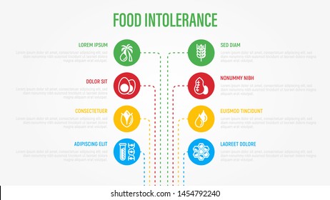 Food intolerance infographics with thin line icons and copy space. Symbols of lactose, egg, gluten, corn, seafood, palm oil, peanut, trans fat, citrus, GMO. Vector illustration for nutrition issues.