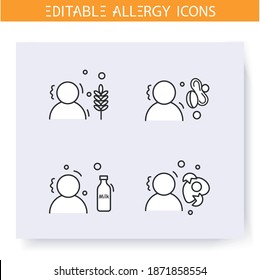 Food intolerance line icons set. Food allergies. Gluten, lactose, protein and nutrient intolerance. Immunity reaction and immunotherapy concept. Isolated vector illustrations. Editable stroke 