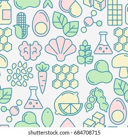 Food intolerance seamless pattern with thin line icons of common allergens, sugar and trans fat, vegetarian and organic symbols. Vector illustration.
