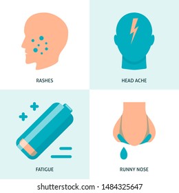 Food intolerance symptoms icon set in flat style. Allergy symbols collection. Medical vector illustration.