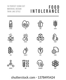 Food intolerance thin line icons set. Symbols of lactose, egg, gluten, corn, seafood, palm oil, peanut, trans fat, citrus, GMO, honey, mushroom. Vector illustration for packaging.