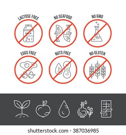 Food intolerance vector icons. No seafood, no lactose, no gmo, no gluten, no eggs, no nuts. Vector line series.
