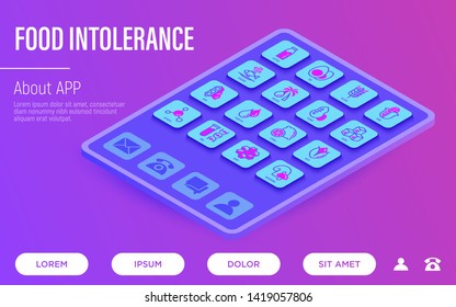 Food intolerance web page template with tablet. Thin line isometric icons. Symbols of lactose, egg, gluten, corn, seafood, palm oil, peanut, trans fat, citrus, GMO, mushroom. Vector illustration.