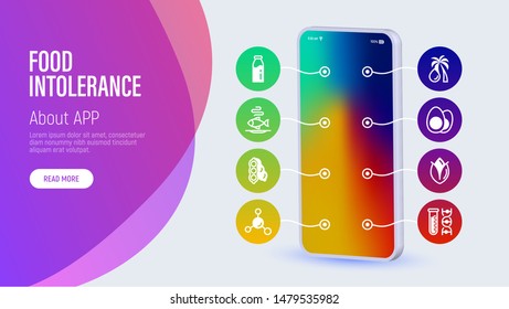 Food intolerance web page template with copy space. Mobile app on smartphone with thin line icons: lactose, egg, seafood, palm oil, peanut, trans fat. Vector illustration for nutrition issues.