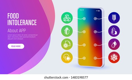 Food intolerance web page template with copy space. Mobile app on smartphone with thin line icons: gluten, corn,  peanut, trans fat, citrus, GMO, honey, mushroom. Vector illustration for packaging.