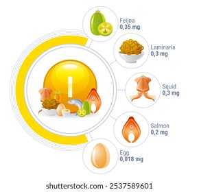 Mineralische Icons für Essen und Jod. Infografik von Vitaminen und gesunden Produkten. Jodessymbol und Ikonen von Meeresfrüchten, Lachs, Laminaria, Ei, Kalmar und Feijoa, Vektorgrafik