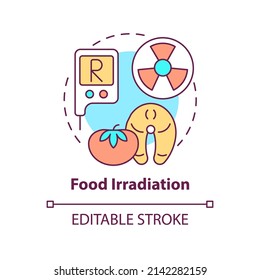 Food irradiation concept icon. Analysis service abstract idea thin line illustration. Expose product to ionizing radiation. Isolated outline drawing. Editable stroke. Arial, Myriad Pro-Bold fonts used