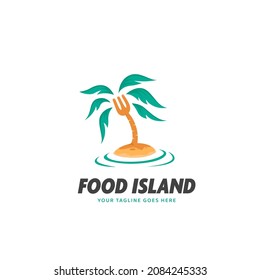 Food Island logo icon with fork as palm tree on isolated island