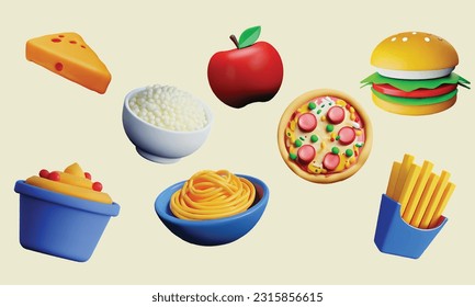 food  isolated on light yellow background illustration vector. (Cheese, Rice, Apple, Pizza, French fries, Hamburger, Pasta and Cake)