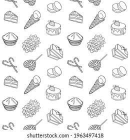 food item black outline hand drawn seamless pattern, set of bakery, sweets collection candy cane, cupcake, macaroon, icecream, pie kitchen design vector illustration
