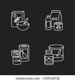 Food items chalk white icons set on black background. Cereal in bowl for breakfast. Pet care products. Shampoo for dogs. Domestic animal food. Isolated vector chalkboard illustrations