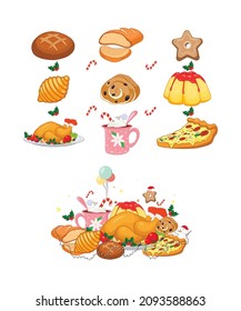 Food items for Christmas eve Balloons candies hotchocolate pizza marshmallow  chicken bread sweets Santa cap Santa Claus  jelly Christmas decoration 