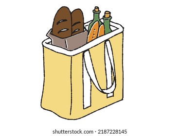 Food items in eco-bags on canvas, comical hand-drawn accessories, vectors, warm line drawings