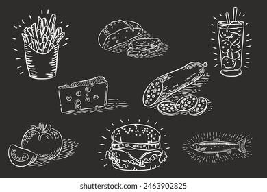 Food items outlined vector illustration fries tomato cheese cube burger fish pina colada