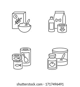 Food items pixel perfect linear icons set. Cereal for breakfast. Pet care products. Shampoo for dogs. Customizable thin line contour symbols. Isolated vector outline illustrations. Editable stroke