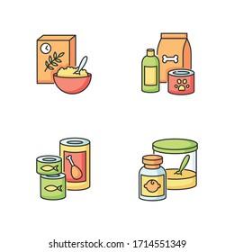 Food items RGB color icons set. Cereal in bowl for breakfast. Pet care products. Shampoo for dogs. Domestic animal food. Canned meat soups. Baby food instant formula. Isolated vector illustrations