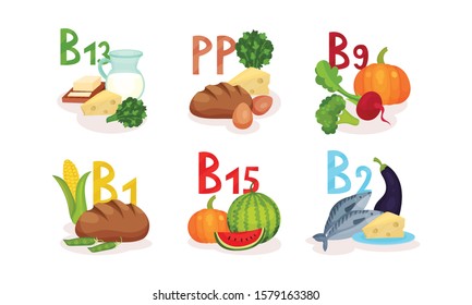 Food Items Separated by Main Vitamin Groups Vector Set