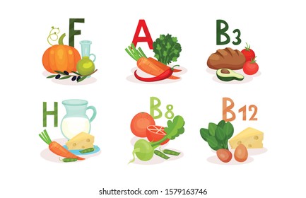 Food Items Separated by Main Vitamin Groups Vector Set