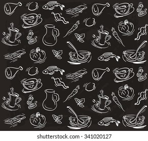 food items. set of sketches on a black background