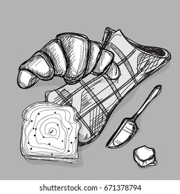 food jam jar bread Croissant knife butter drawing graphic illustrate objects